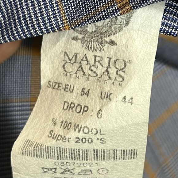 Mario Casas Suit Mens 54 Wool Blue Plaid Blazer Pants Set Super 200s Italy - Picture 10 of 14